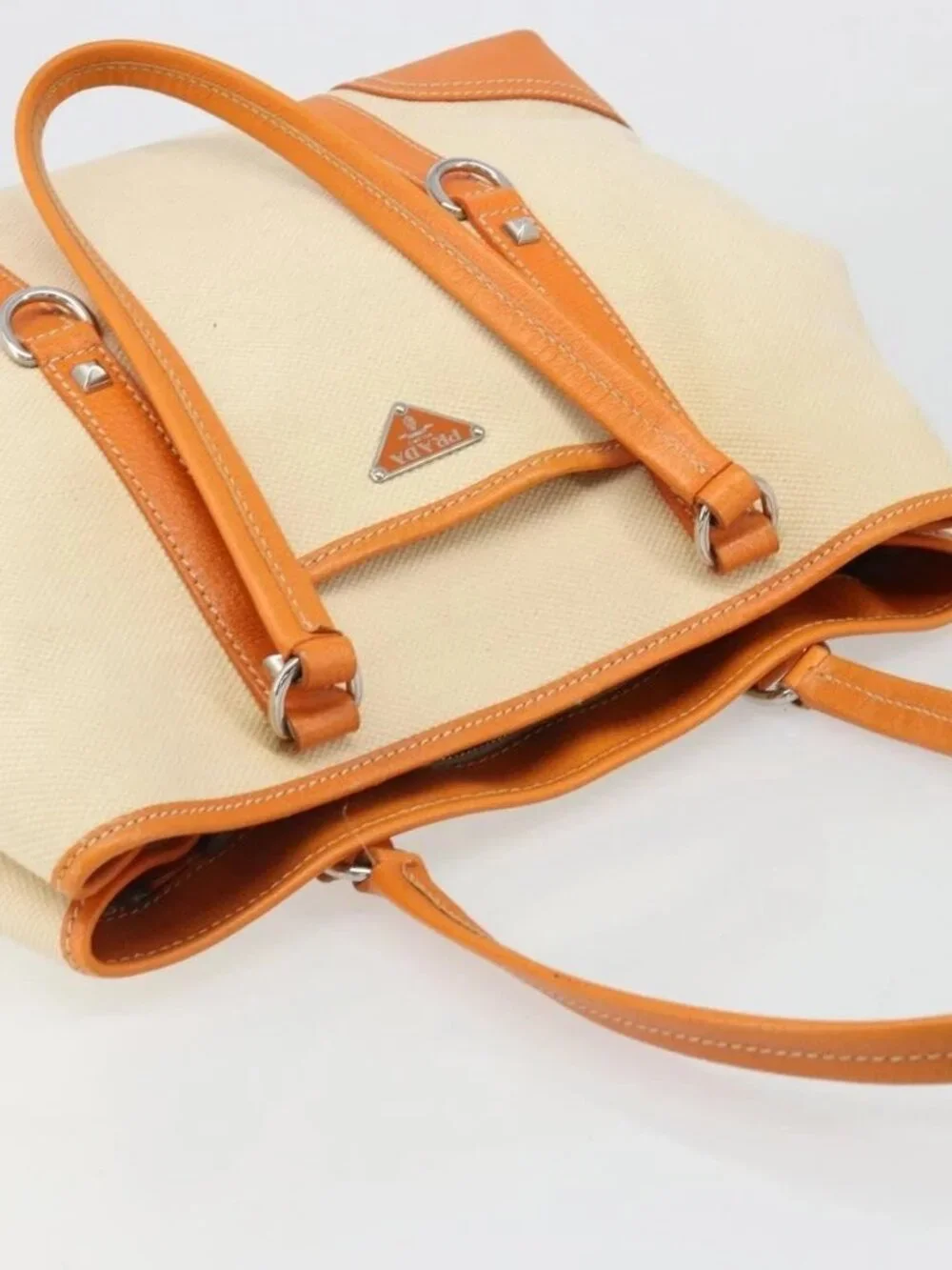 PRADA Tote Bag Canvas Beige Silver Auth ka4818V
